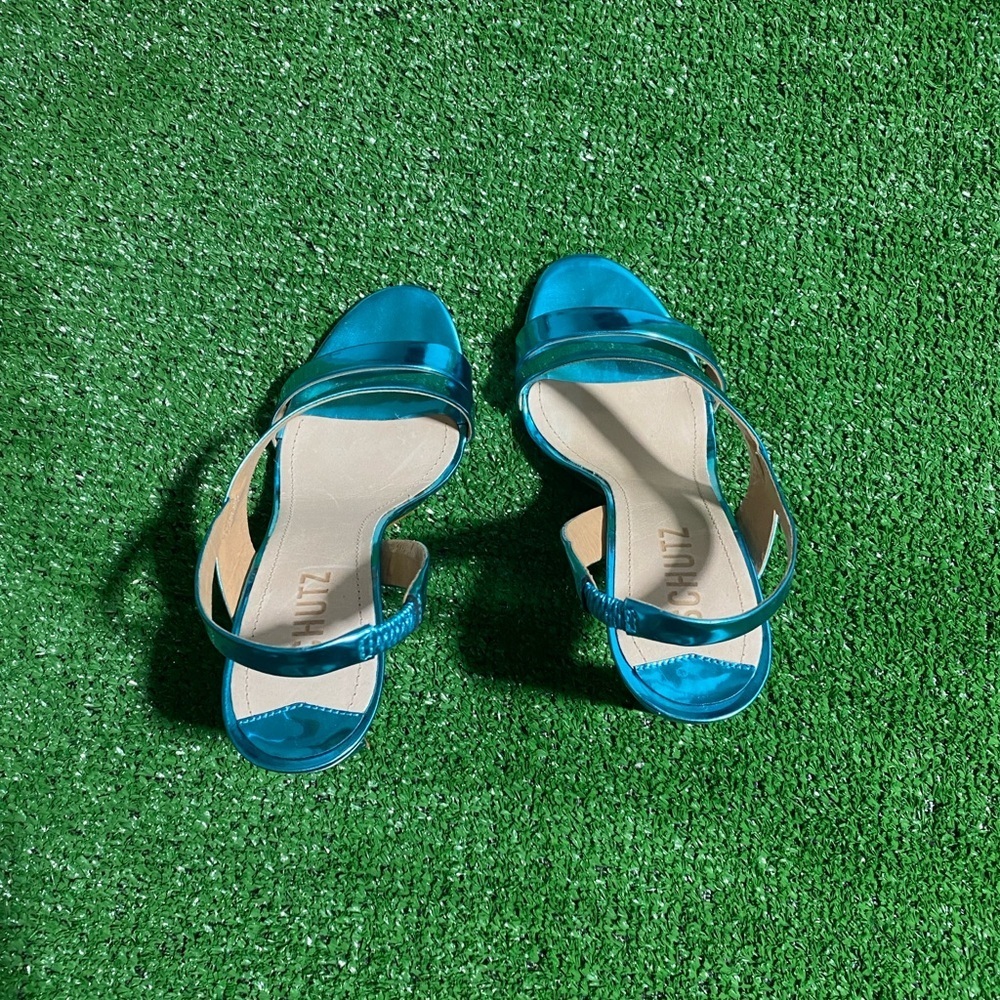 Schutz Kelly Sandal Blue Metallic Leather High Heel Strappy Shoes Size 6B X-17 - Picture 2 of 7